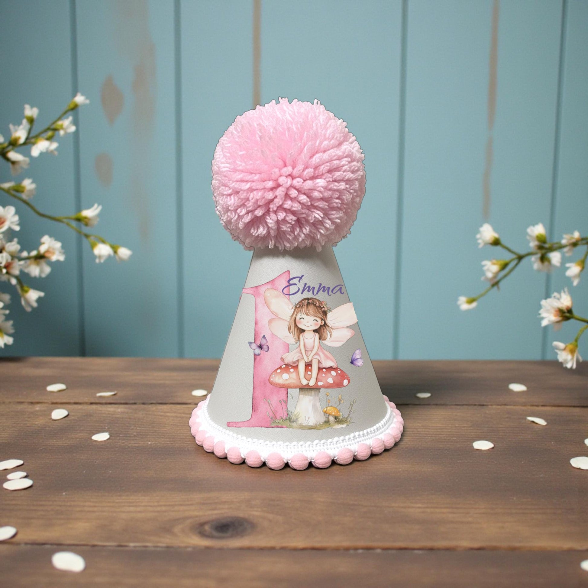 Handmade fairy birthday party hat with pom pom and personalised name