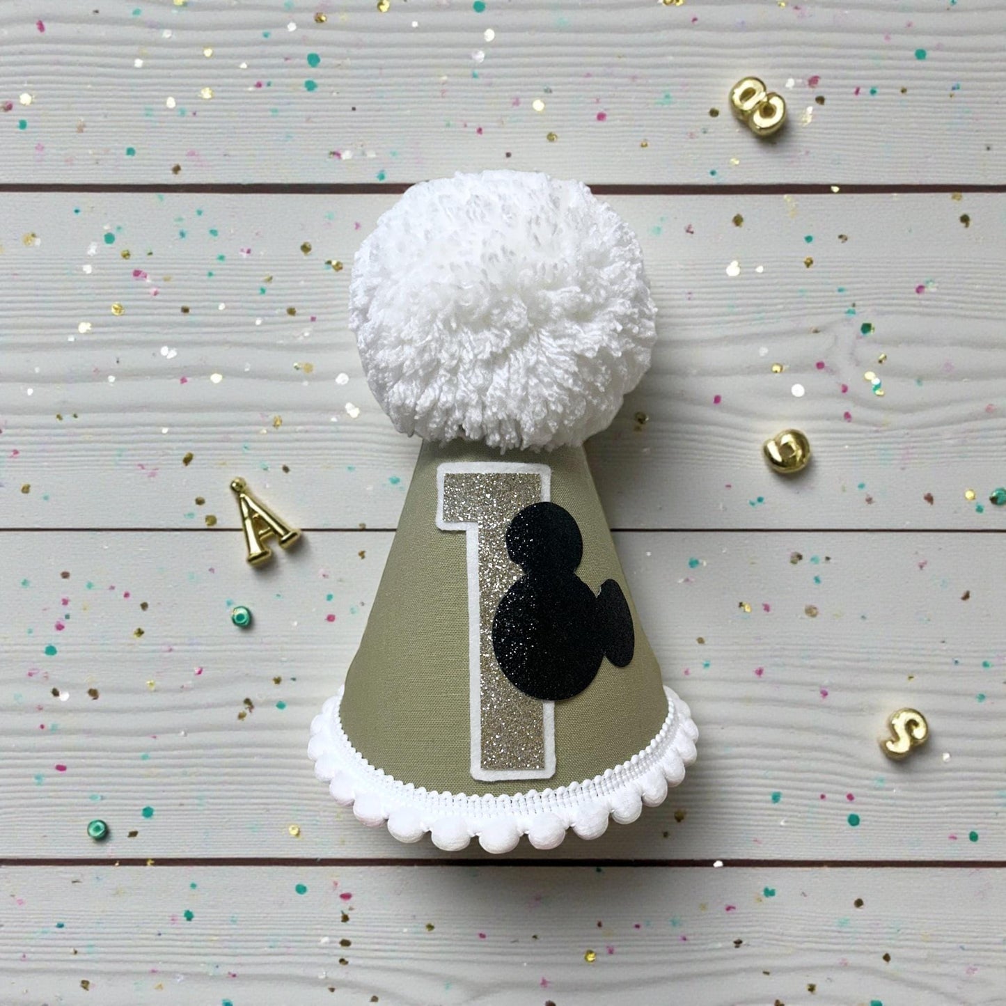 Cartoon mouse sage green birthday party hat