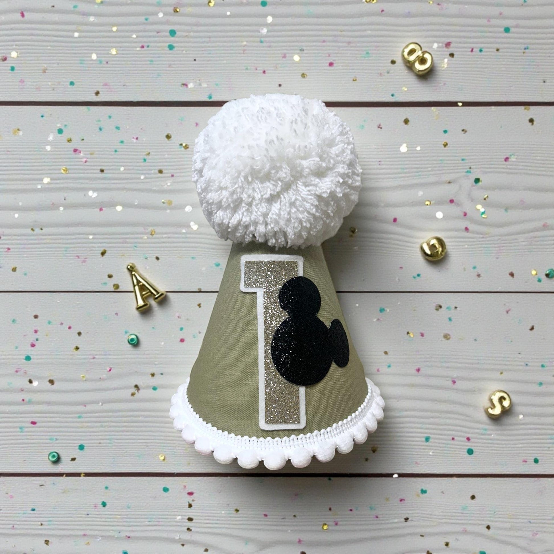 Cartoon mouse sage green birthday party hat