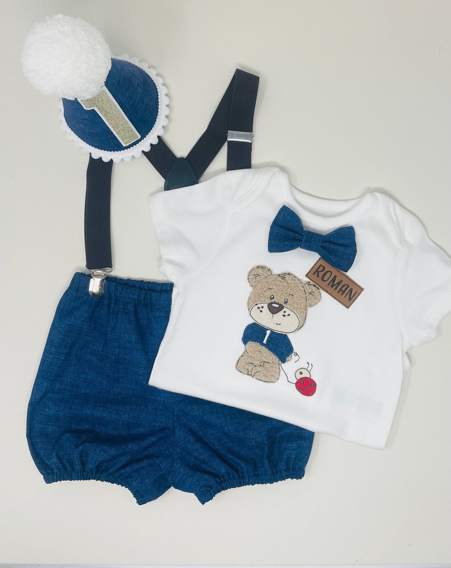 Personalised Sensory Teddy Ladybird Navy Linen Cotton Baby & Toddler Boy's 1st Birthday Cake Smash Party Outfit - bloomers shorts bow hat UK