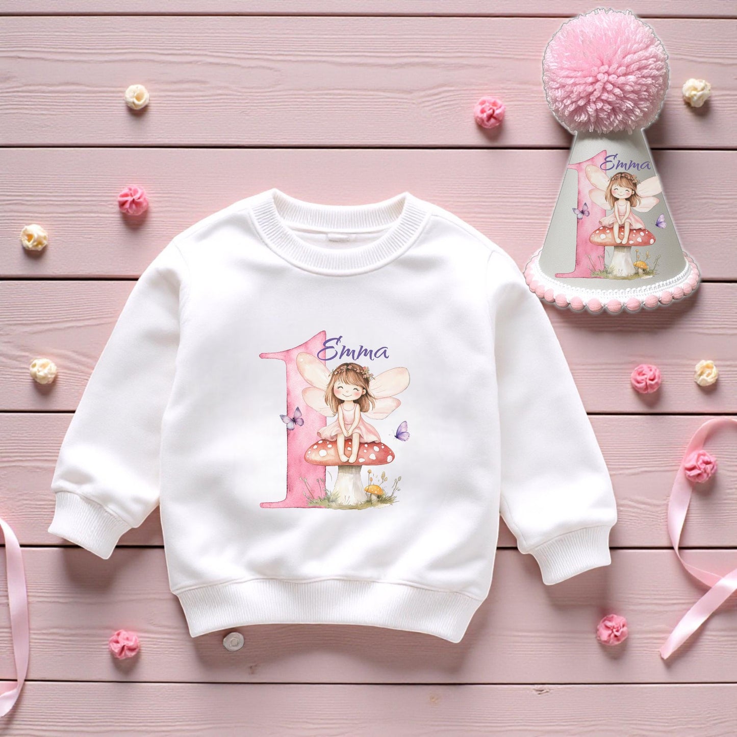 Personalised fairy first birthday sweatshirt and handmade party hat set