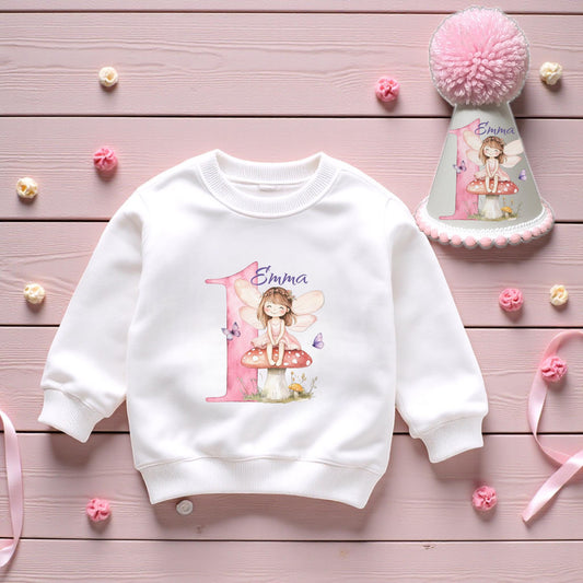 Personalised fairy first birthday sweatshirt and handmade party hat set