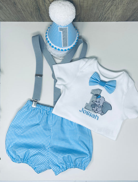 Dumbo Elephant Blue Gingham Boy's Birthday Cake Smash Party Outfit