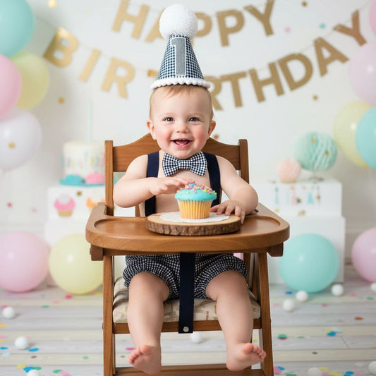 A smiling baby boy wearing a birthday hat and sitting in a high chair, holding a cupcake in front of him.