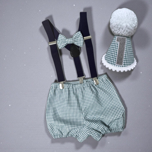 Baby Boy First Birthday Outfit – Handmade Green Gingham Shorts & Braces Set