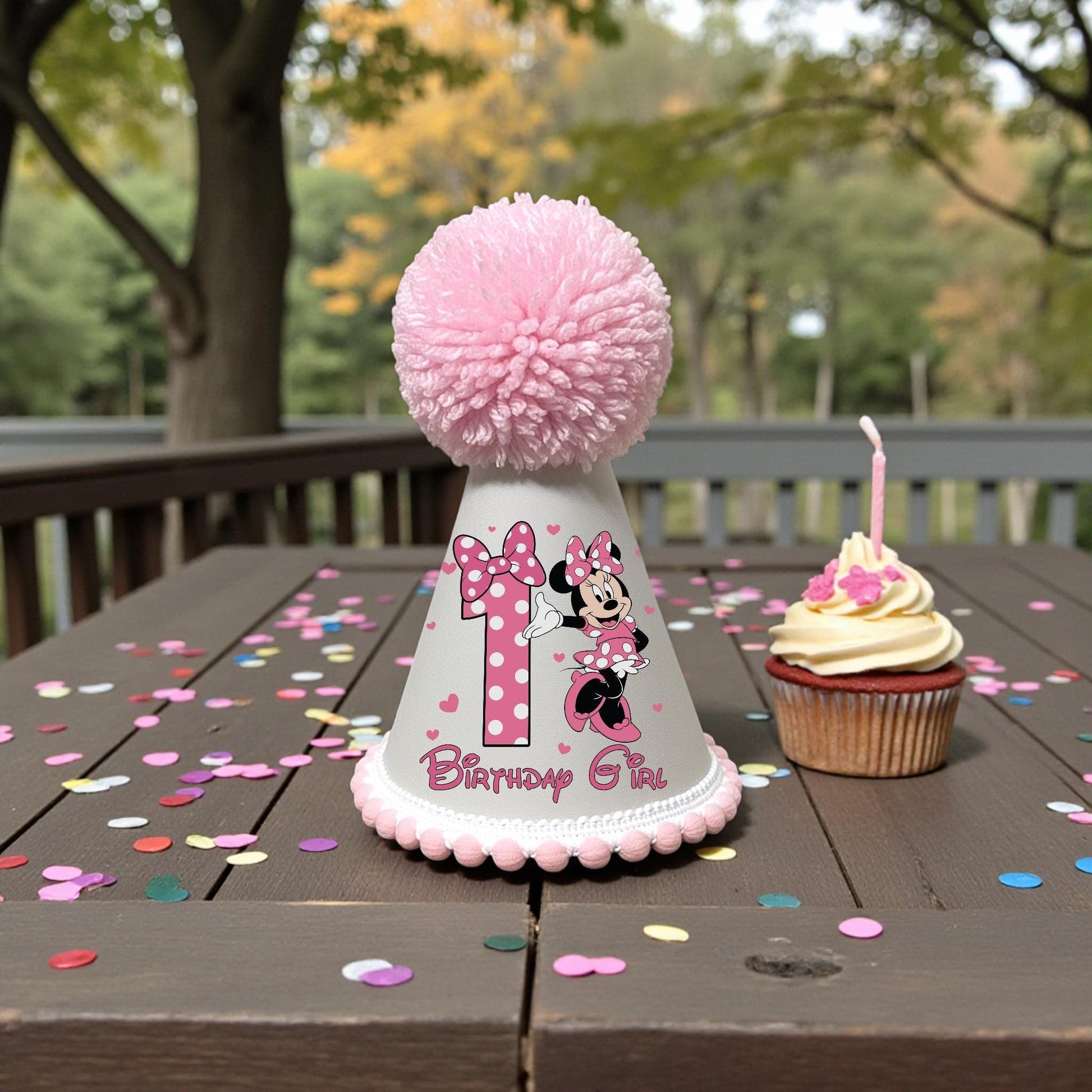 Handmade pink party hat with pom pom and number one