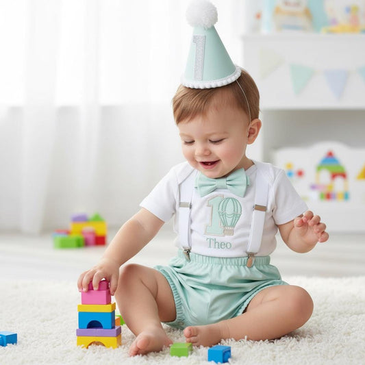 Mint Green Hot Air Balloon Cake Smash Outfit – Personalised 1st Birthday Boy