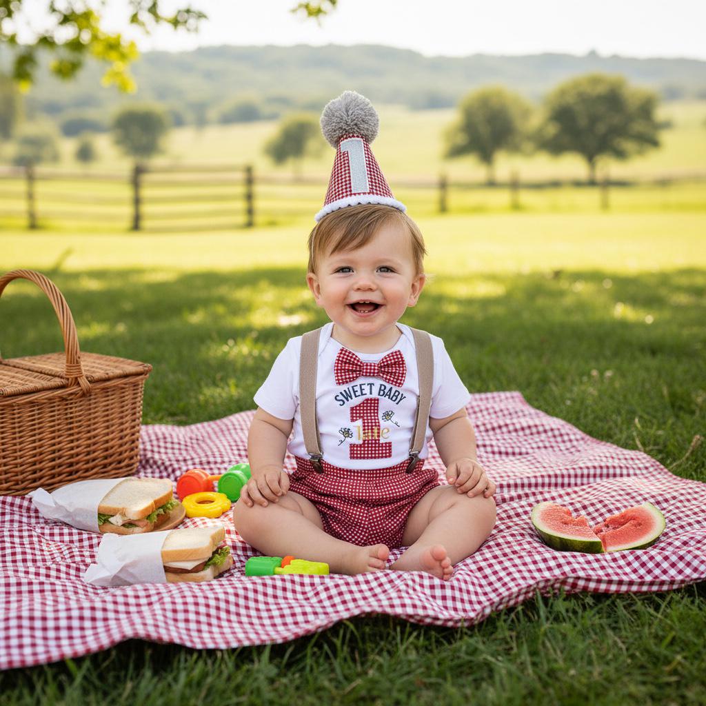 Handmade personalised red gingham first birthday outfit with embroidered bodysuit, suspenders and matching birthday hat for cake smash photos.