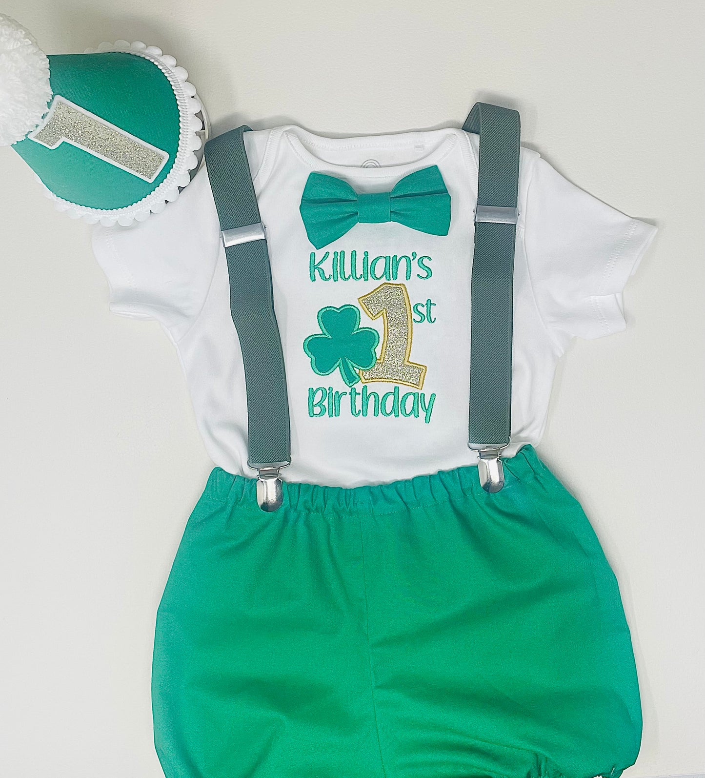 Emerald Green & Gold Irish Shamrock Boy's Birthday Cake Smash Party Outfit