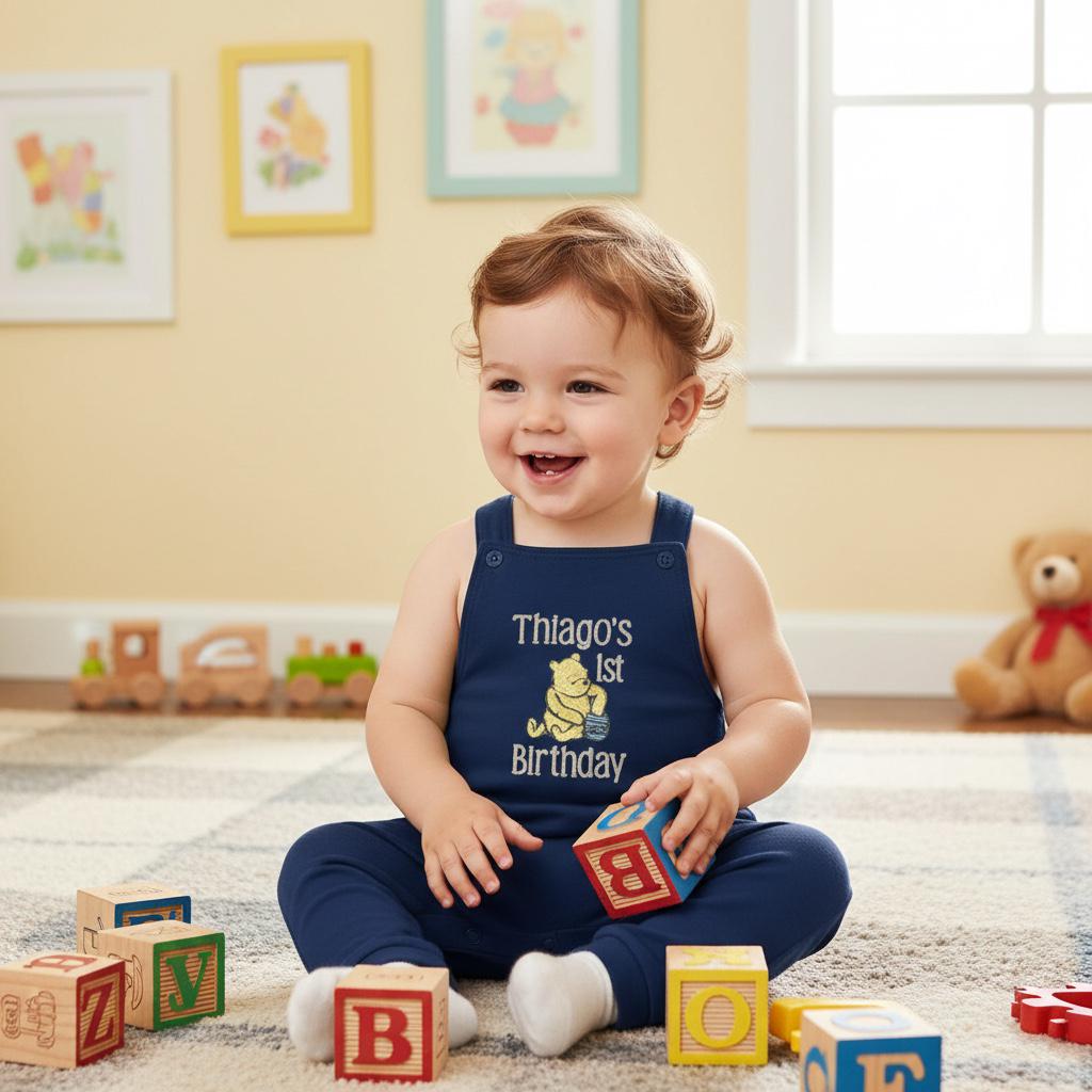 Personalised/Personalized Navy Bear Dungarees – Baby Birthday Outfit, Cake Smash Set