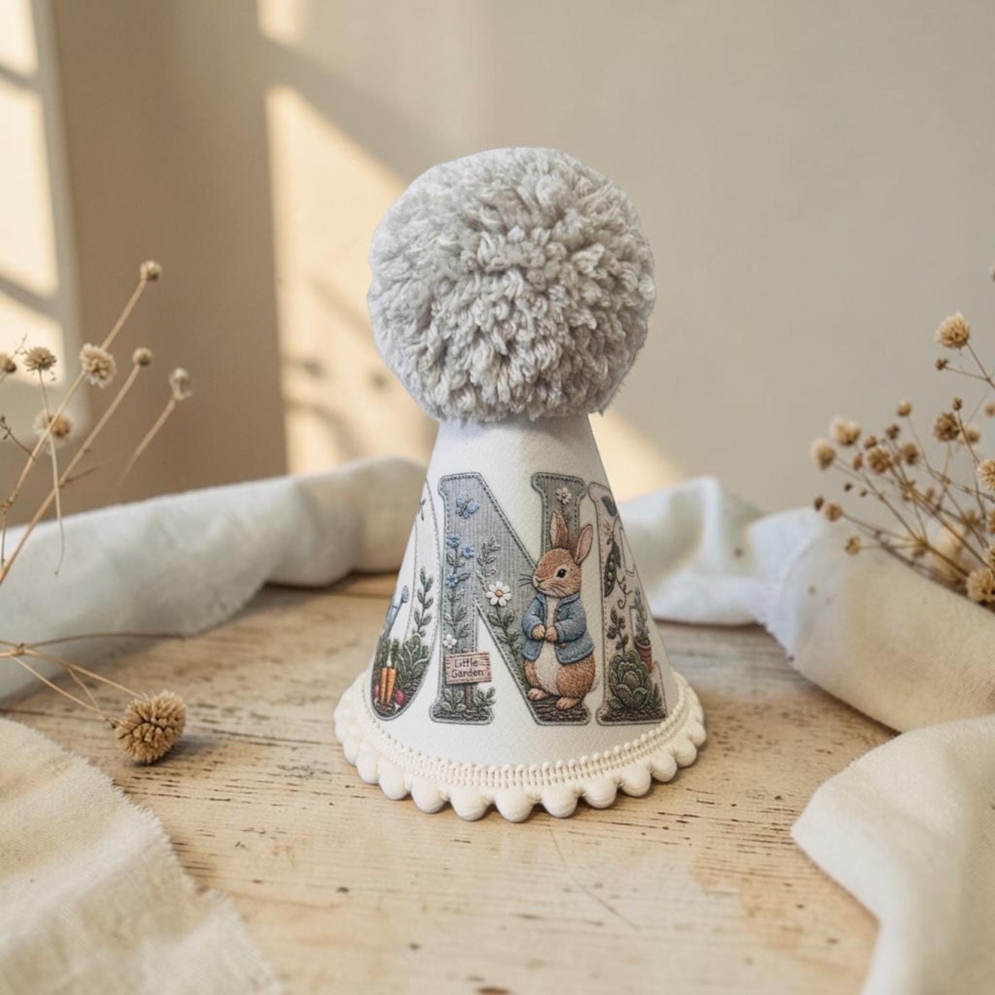 Peter Rabbit First Birthday Keepsake | Neutral Party Hat | Cake Smash Outfit Prop | Printed