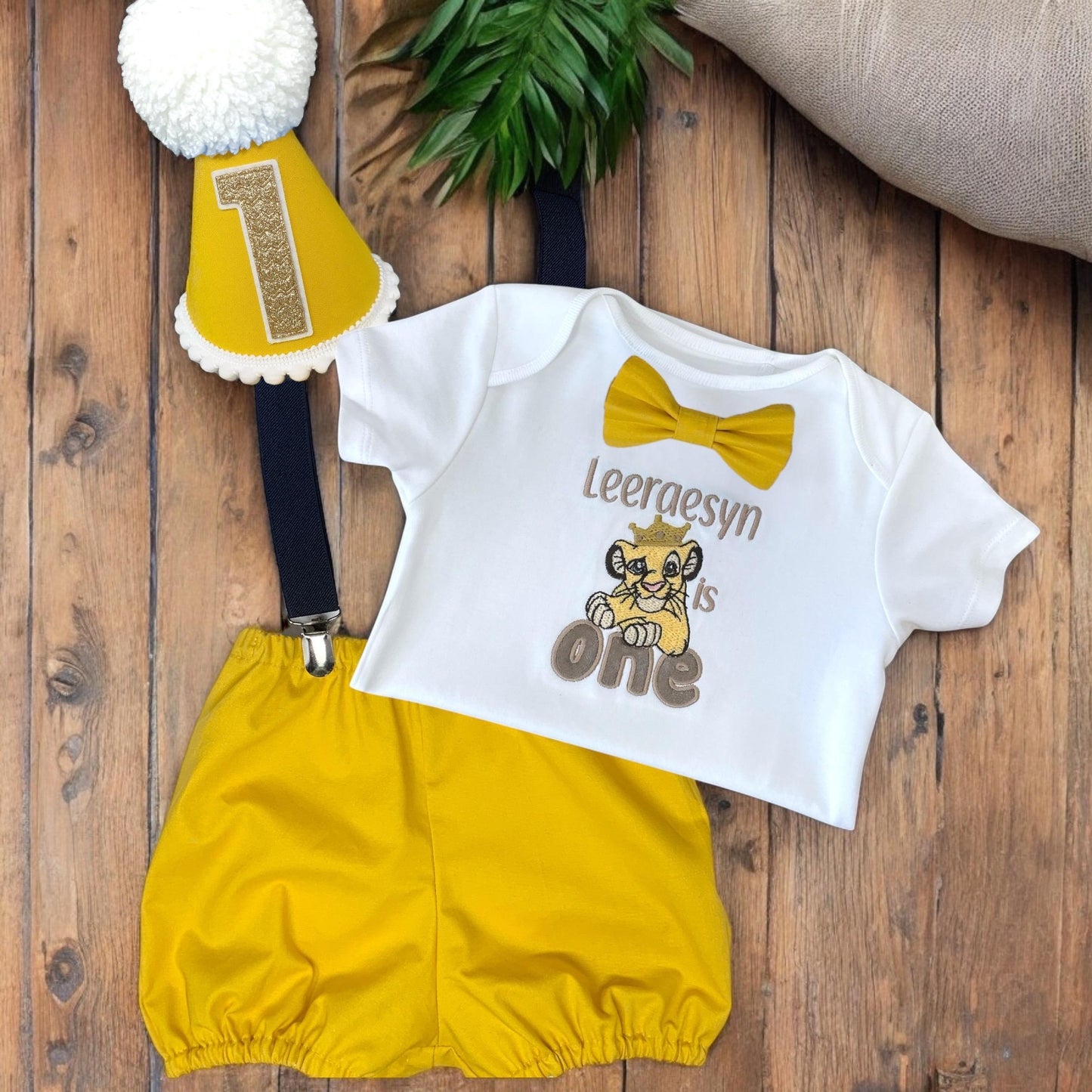 Personalised Jungle One Birthday Outfit – Baby Boy Cake Smash Set Yellow