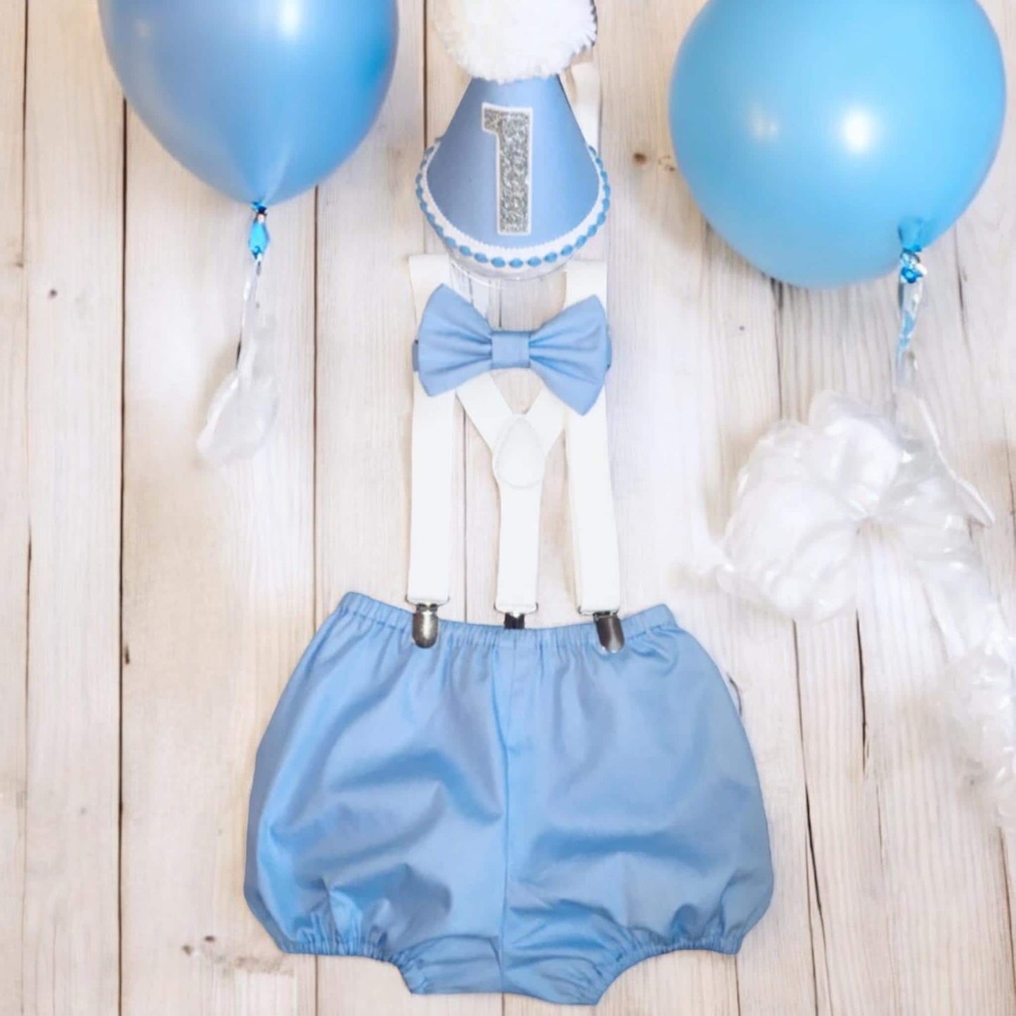Baby Boy Blue Braces Birthday Outfit – Handmade Cake Smash Set