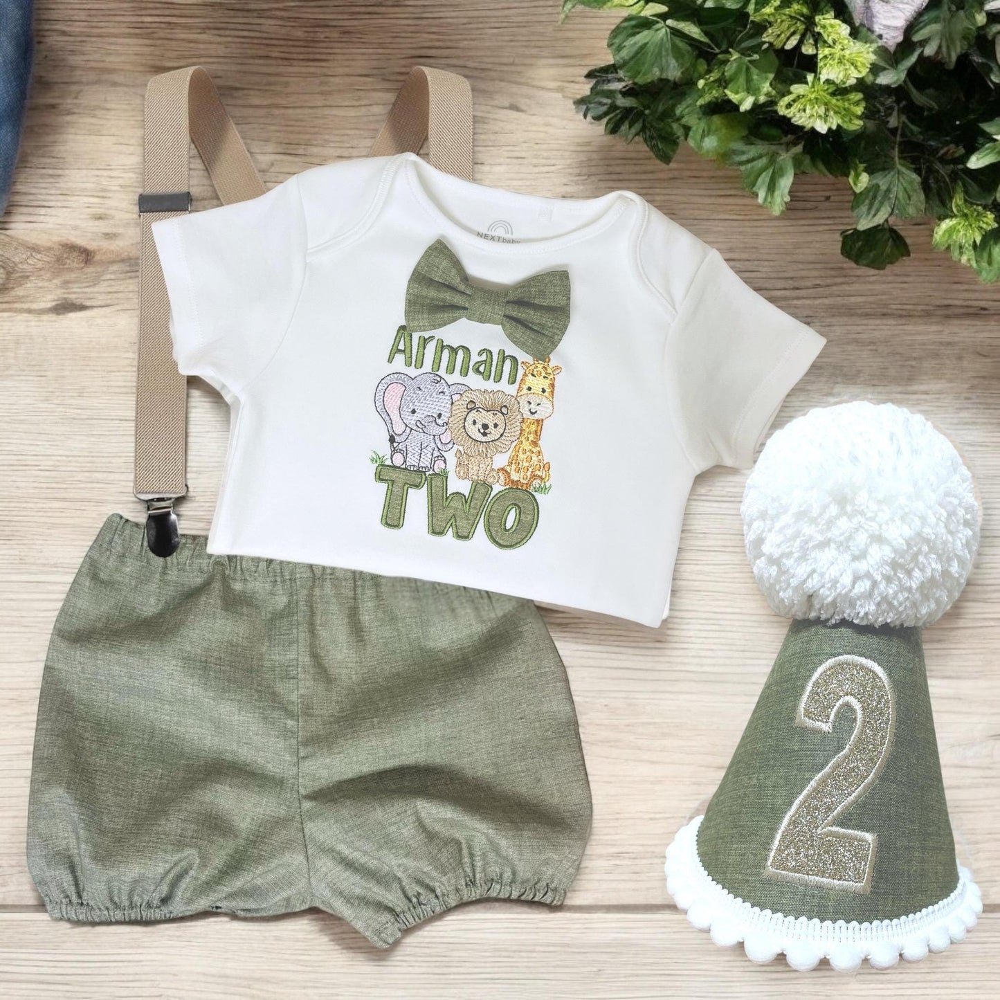 Personalised Baby Boys 1st Birthday Cake Smash Outfit – Safari, Sage Green Linen Look