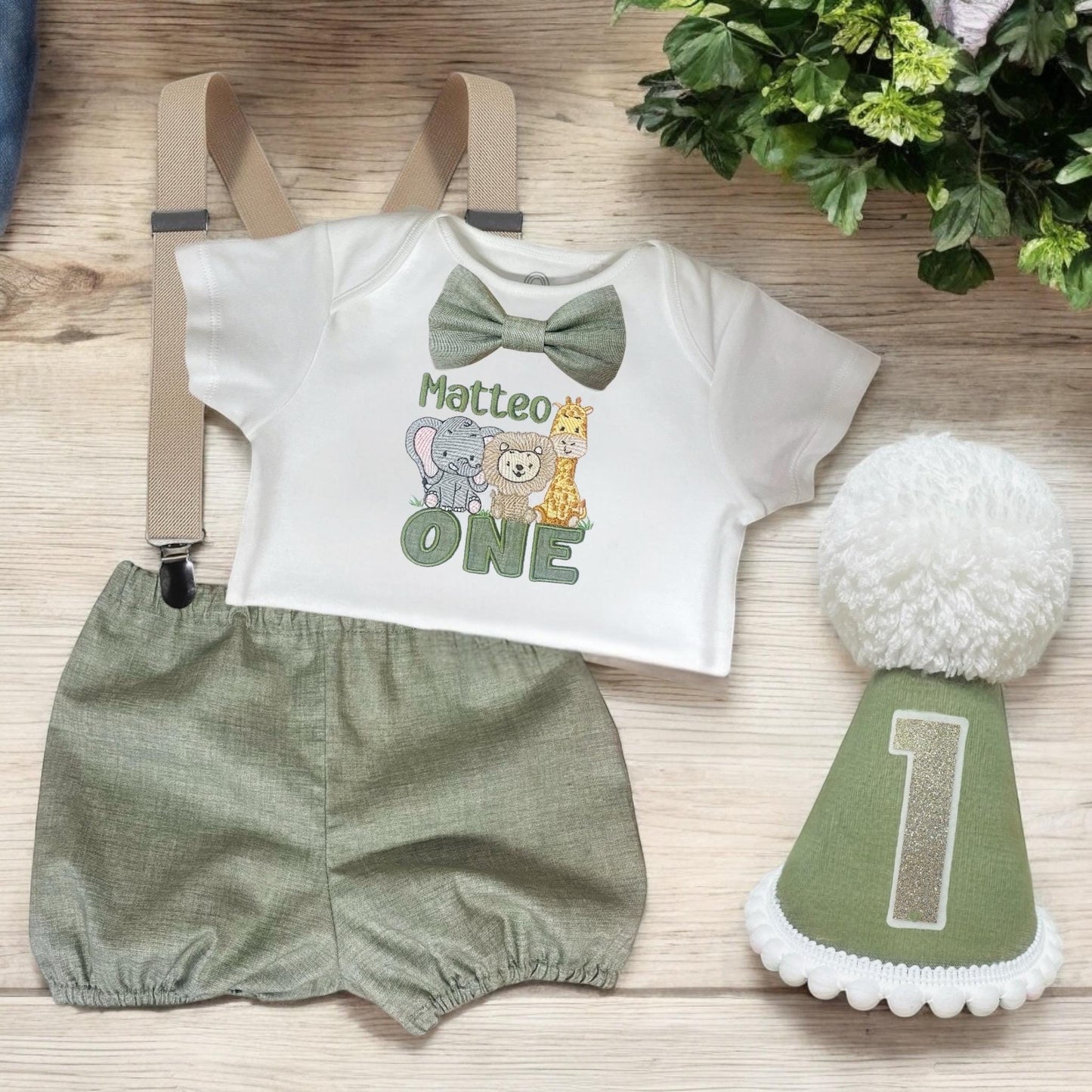 Personalised Baby Boys 1st Birthday Cake Smash Outfit – Safari, Sage Green Linen Look
