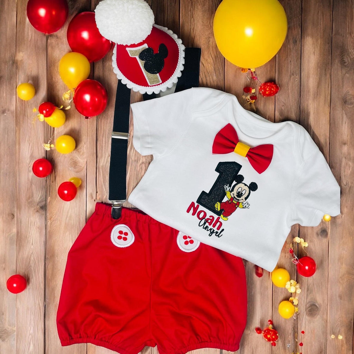 Cartoon Mouse Birthday Outfit – Personalised Red Cake Smash Set