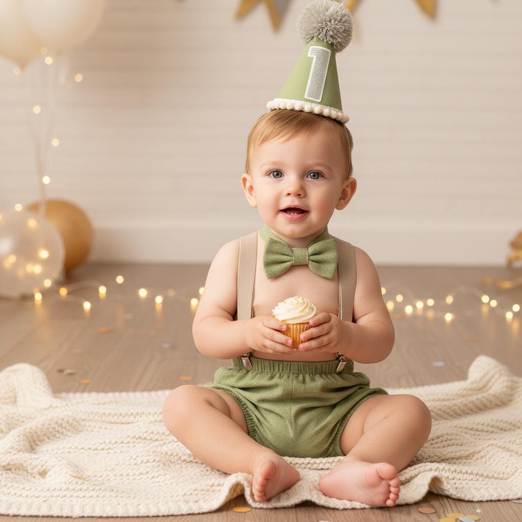 Baby Boy Apple Green Braces Birthday Outfit – Handmade Cake Smash Set