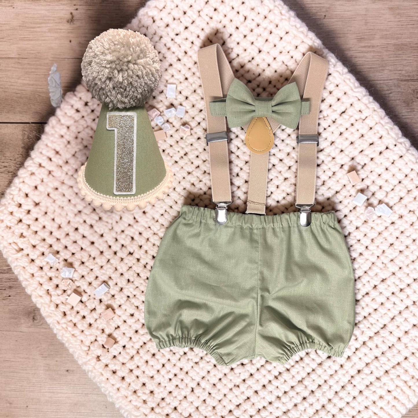 Baby Boy Apple Green Braces Birthday Outfit – Handmade Cake Smash Set