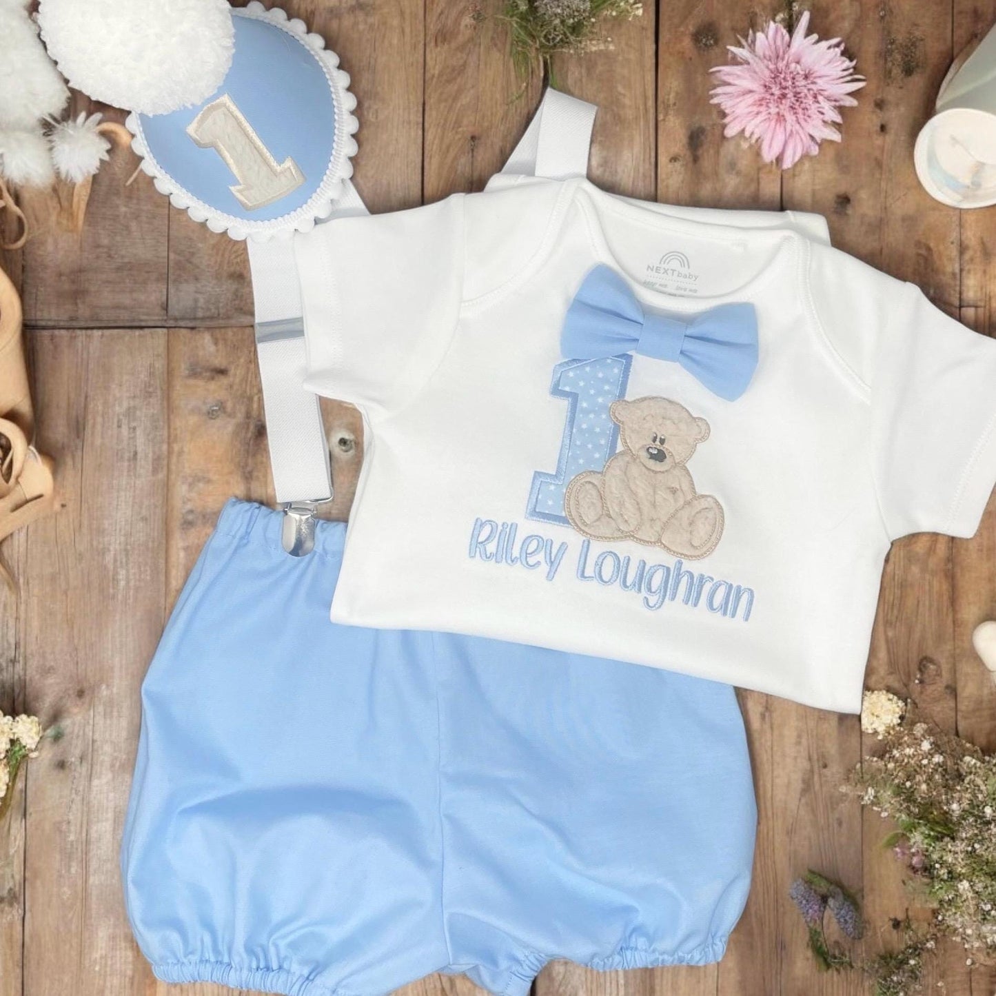 Baby Boy Teddy Bear 1st Birthday Outfit – Personalised Blue Cake Smash Set