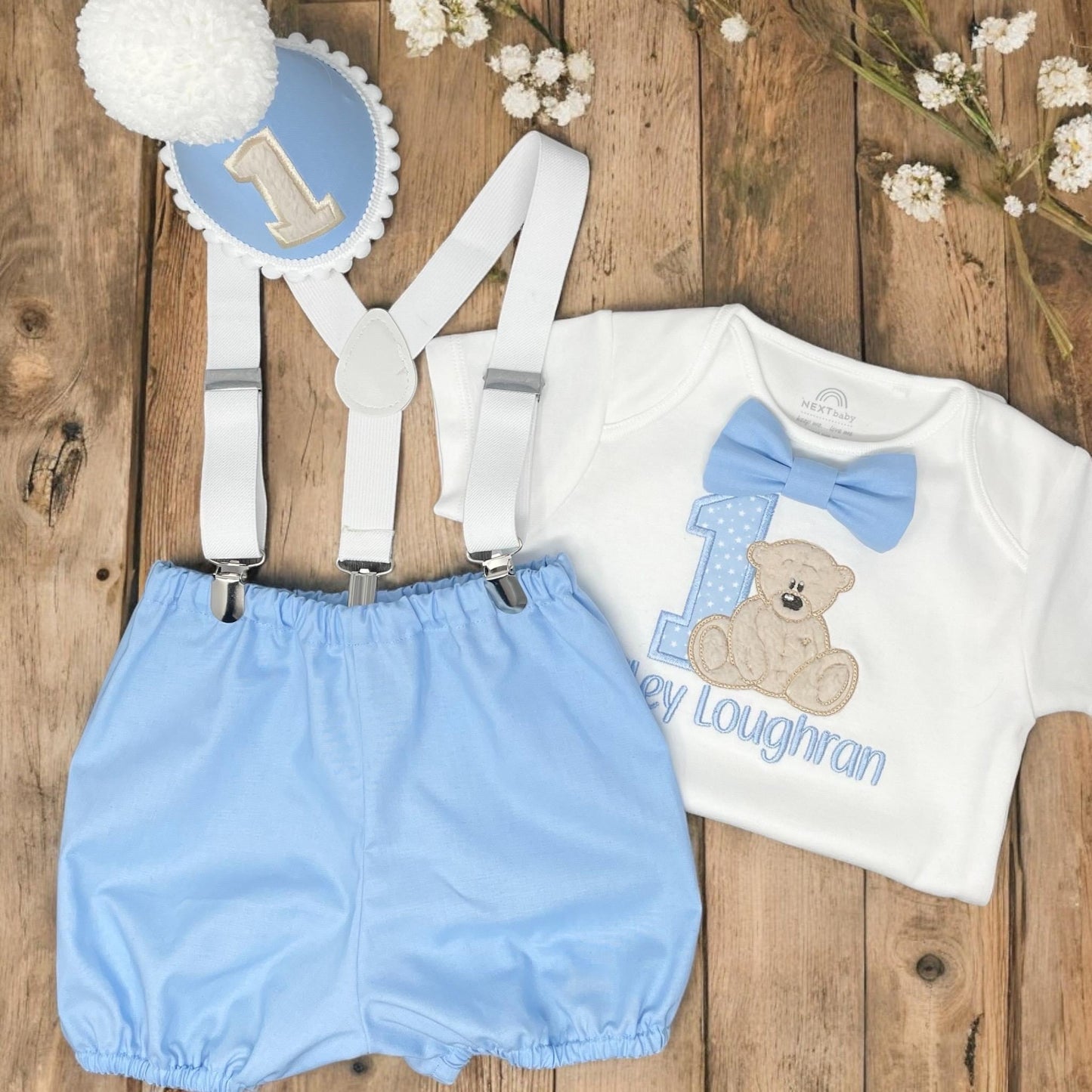 Baby Boy Teddy Bear 1st Birthday Outfit – Personalised Blue Cake Smash Set