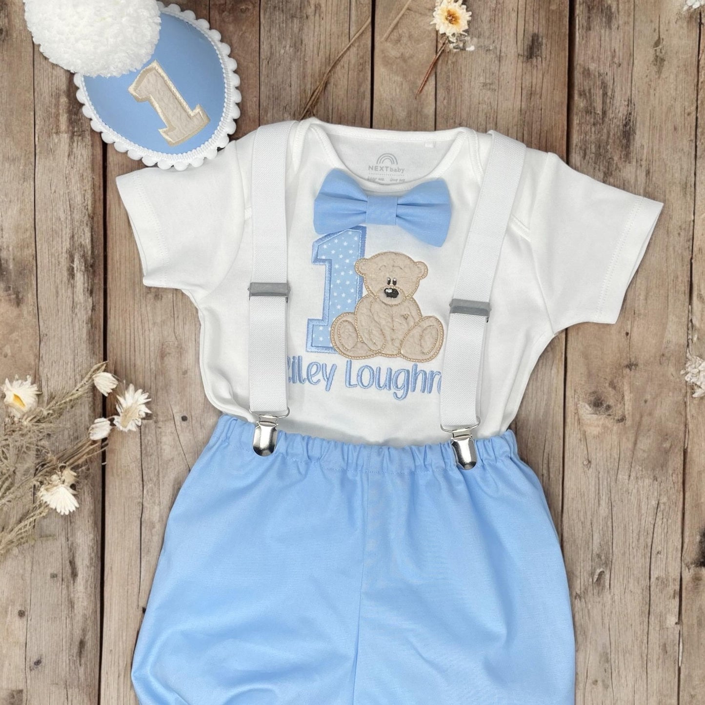 Baby Boy Teddy Bear 1st Birthday Outfit – Personalised Blue Cake Smash Set