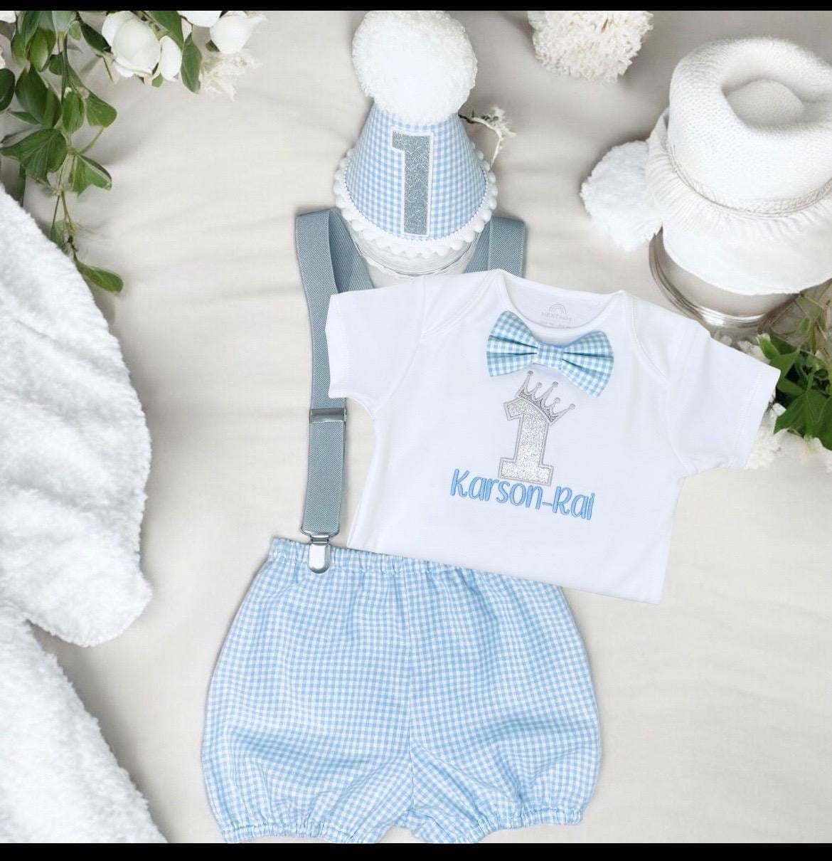 Personalised Baby Boy Birthday Prince Outfit | Handmade Embroidered Gingham Cake Smash Set