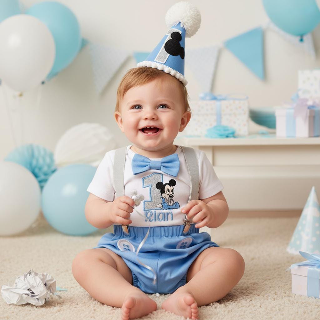 Cartoon Mouse Birthday Outfit – Personalised Embroidered Baby Cake Smash Set