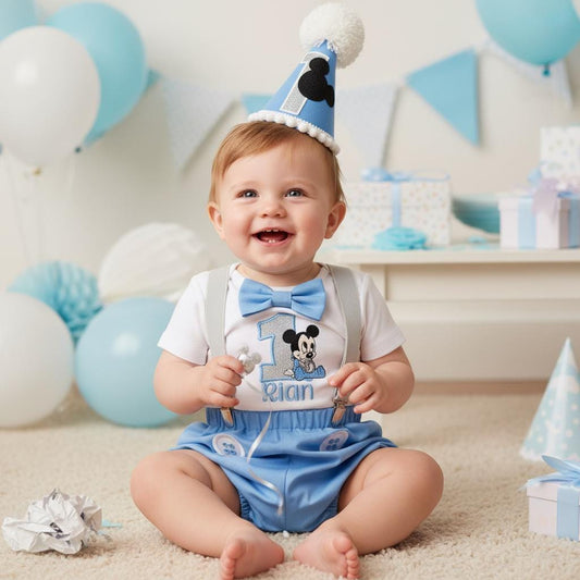 Cartoon Mouse Birthday Outfit – Personalised Embroidered Baby Cake Smash Set