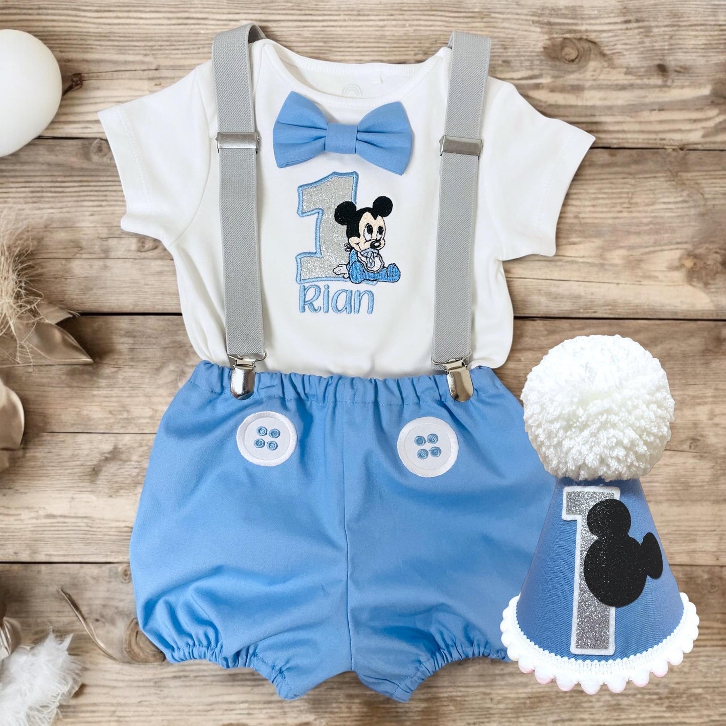 Cartoon Mouse Birthday Outfit – Personalised Embroidered Baby Cake Smash Set
