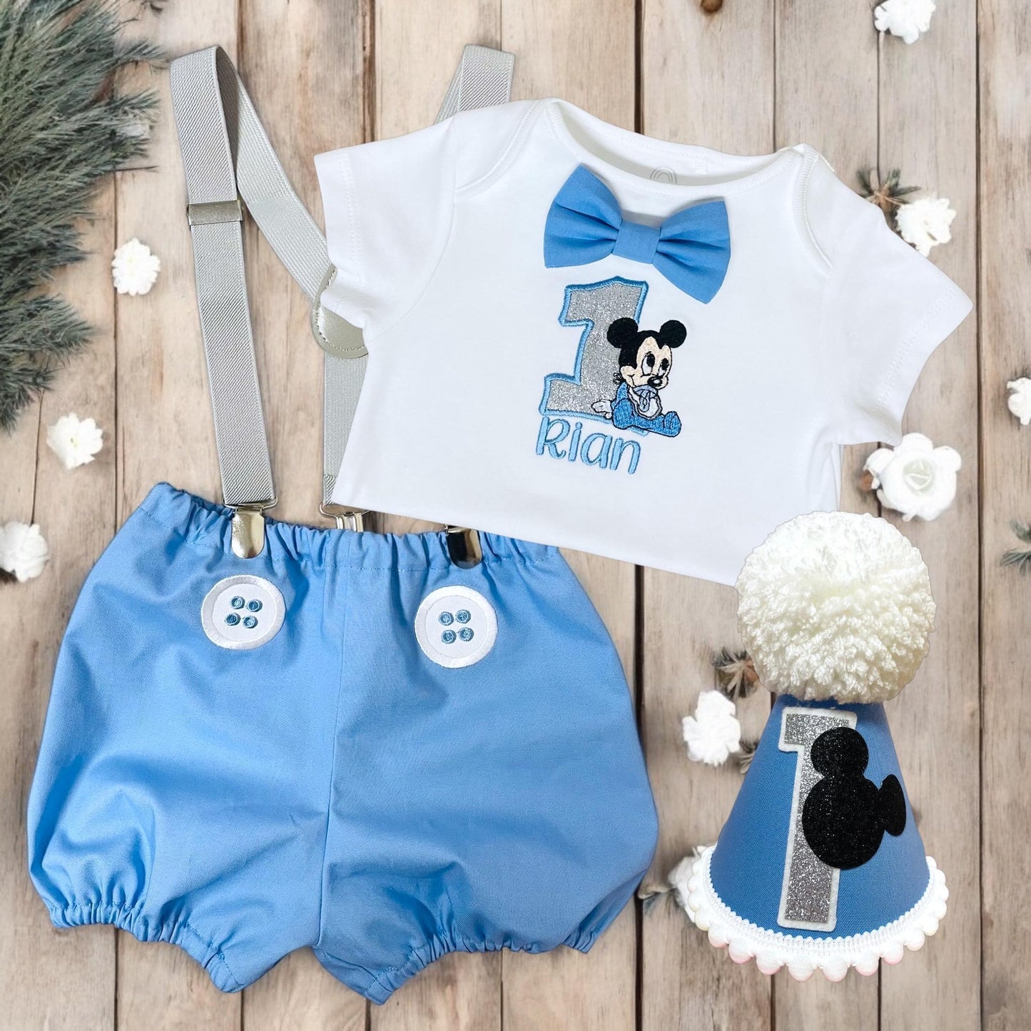 Cartoon Mouse Birthday Outfit – Personalised Embroidered Baby Cake Smash Set