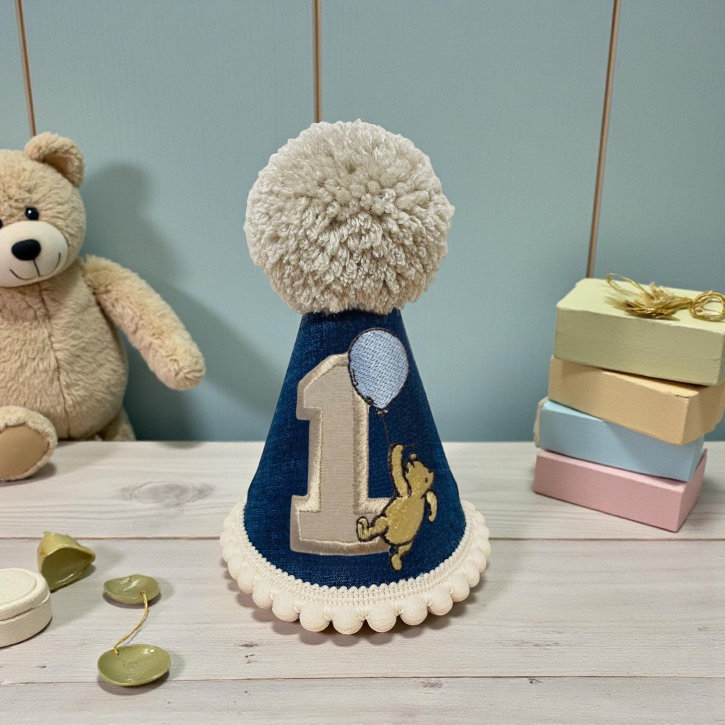 Personalized Baby Hat Classic Pooh Bear Birthday Party – Navy Embroidered Keepsake