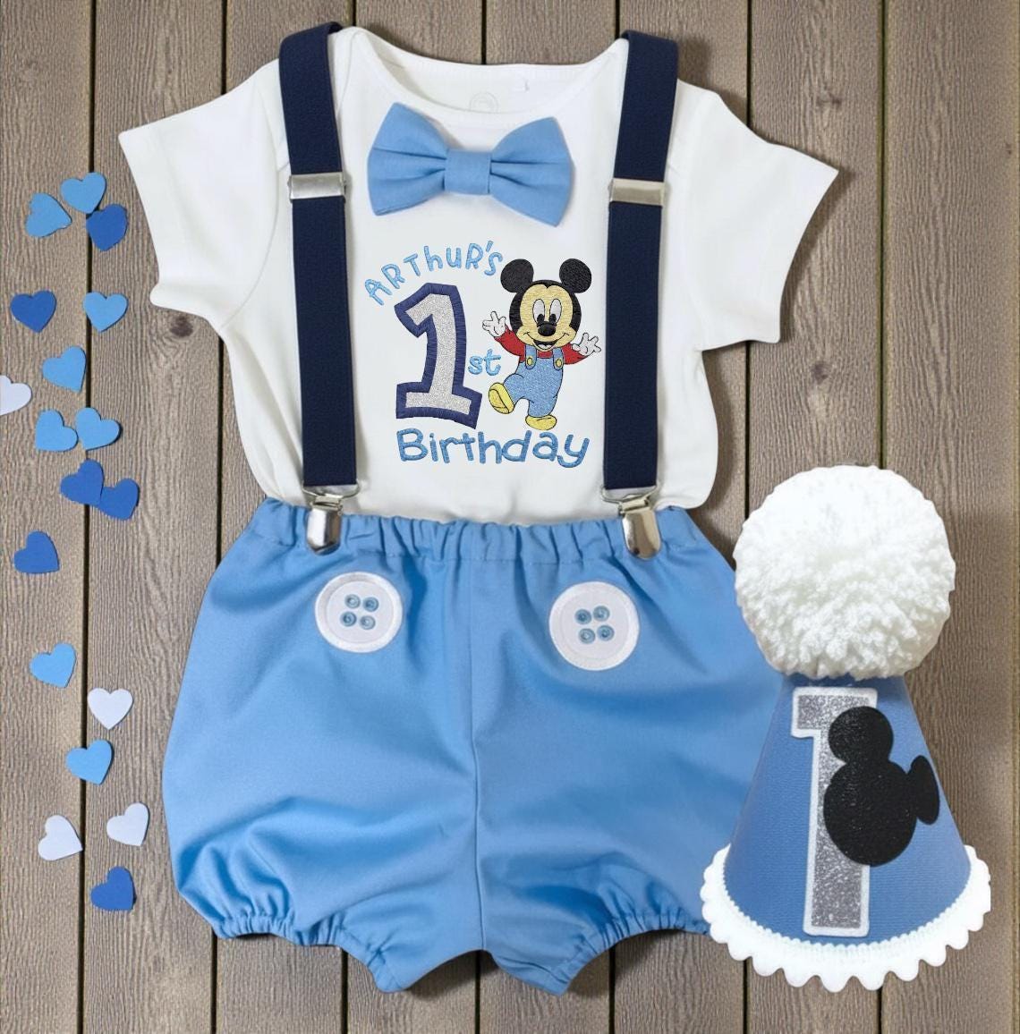 Cartoon Mouse Party Outfit – Personalised Embroidered Baby Cake Smash Set - First Birthday Romper Boy
