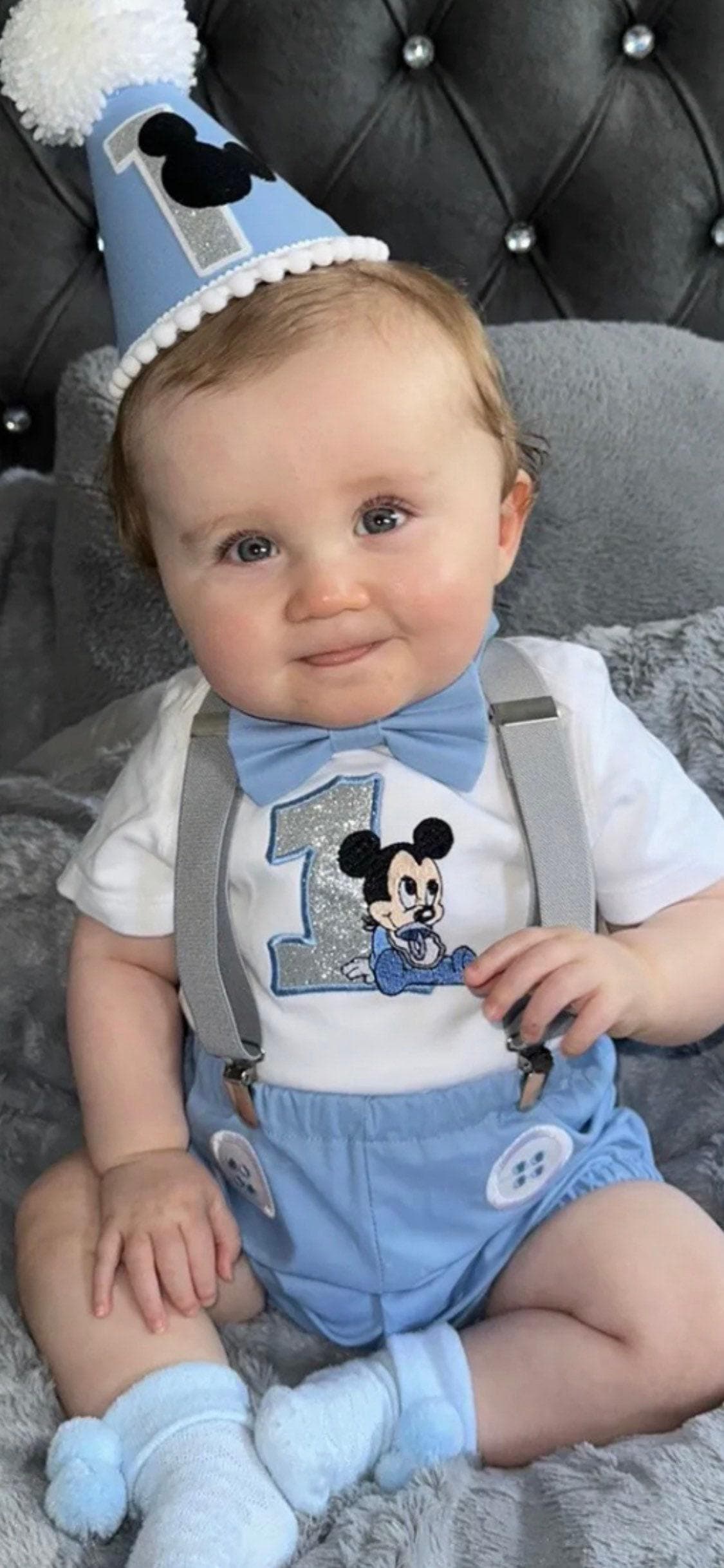 Cartoon Mouse Birthday Outfit – Personalised Embroidered Baby Cake Smash Set