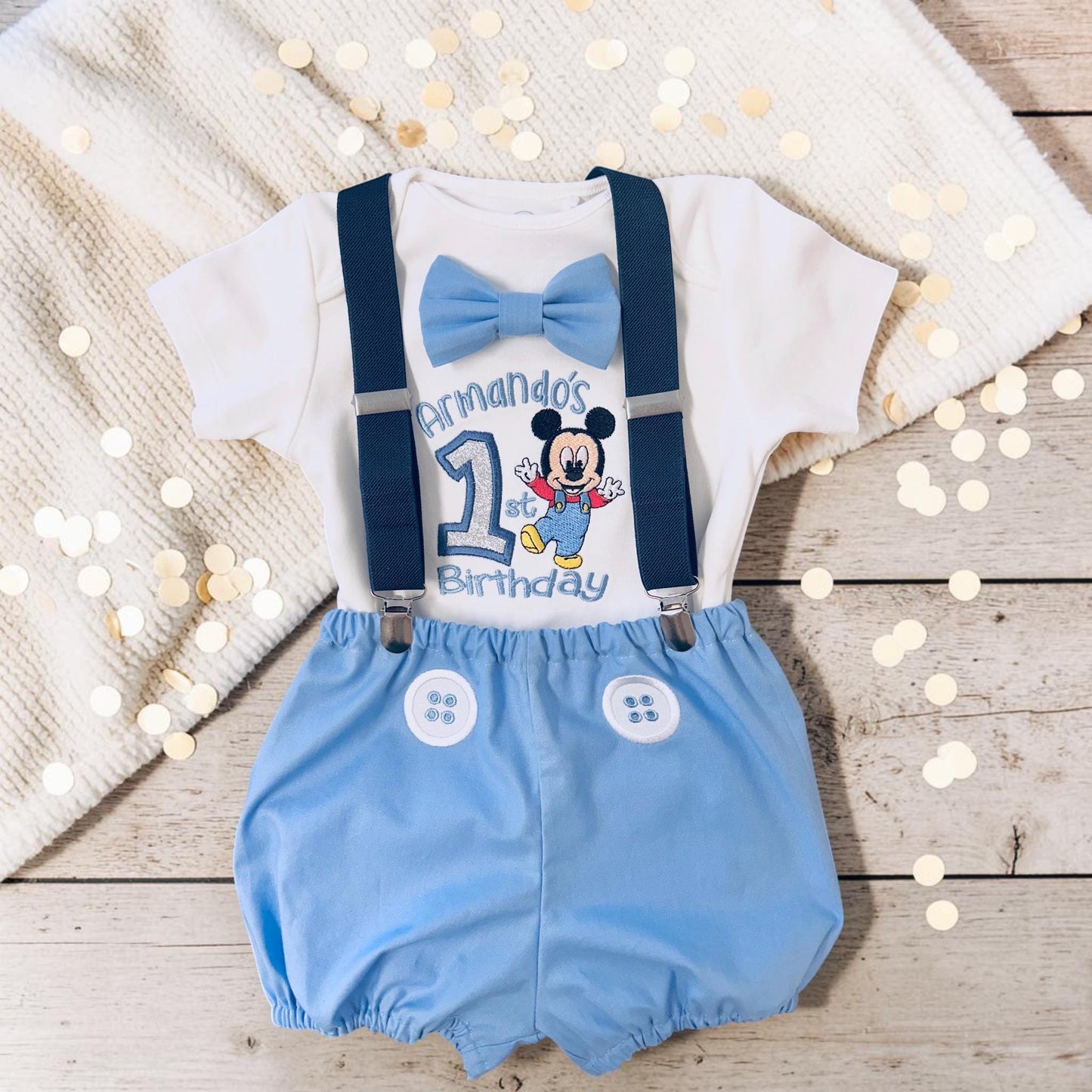 Cartoon Mouse Party Outfit – Personalised Embroidered Baby Cake Smash Set - First Birthday Romper Boy