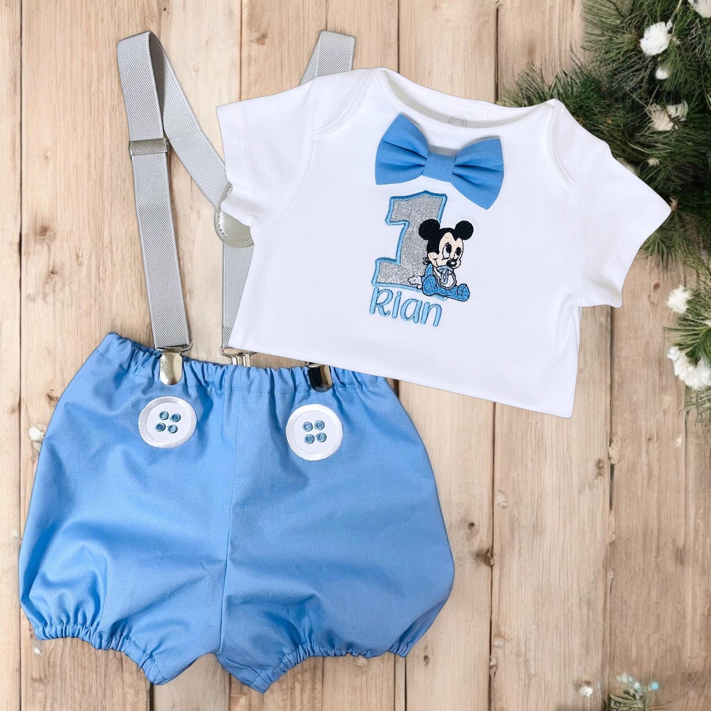 Cartoon Mouse Birthday Outfit – Personalised Embroidered Baby Cake Smash Set