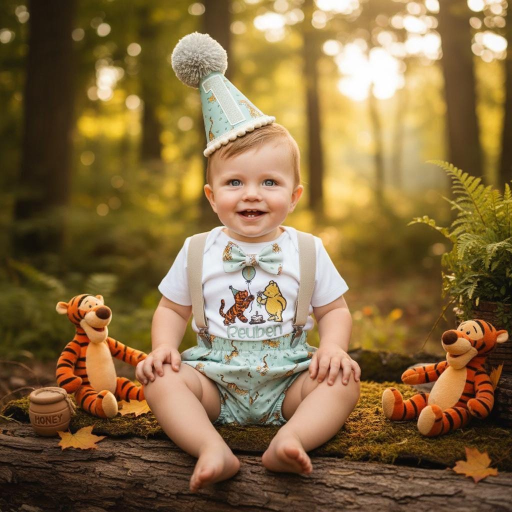 Classic Pooh Bear Tigger Outfit | First Birthday Cake Smash Set Personalised Baby Keepsake