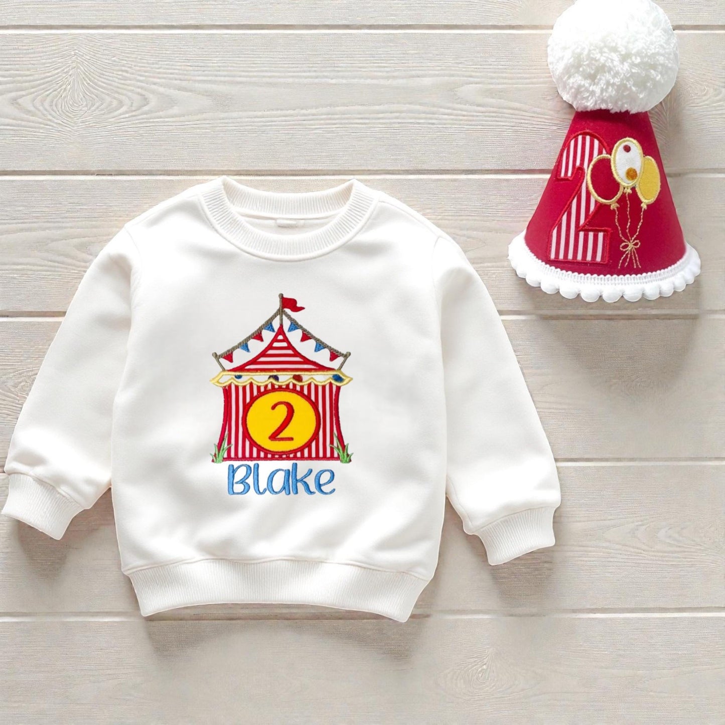Personalised Circus Birthday Outfit – Embroidered Tent Sweatshirt & Handmade Party Hat Set