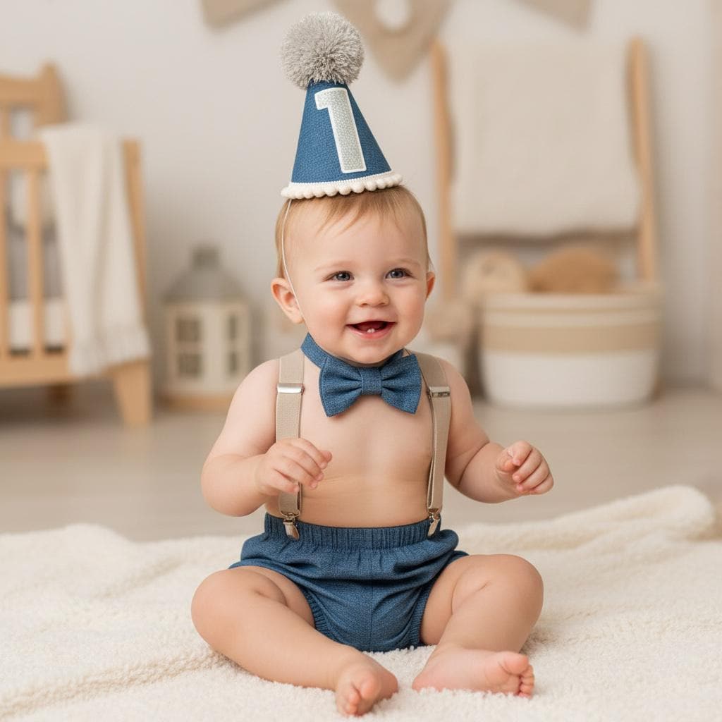 Baby Boy Dresden Blue Braces Birthday Outfit – Handmade Cake Smash Set