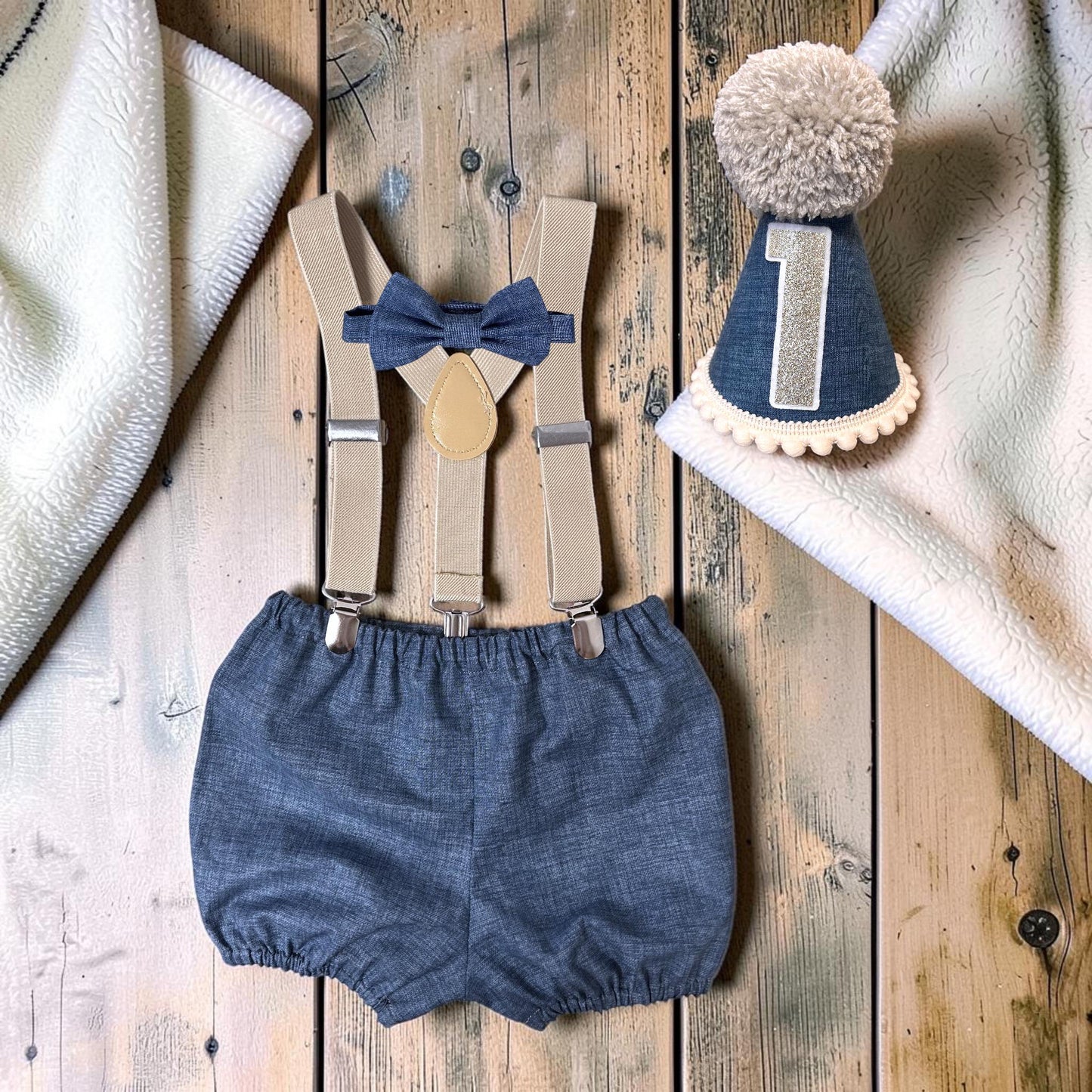 Baby Boy Dresden Blue Braces Birthday Outfit – Handmade Cake Smash Set