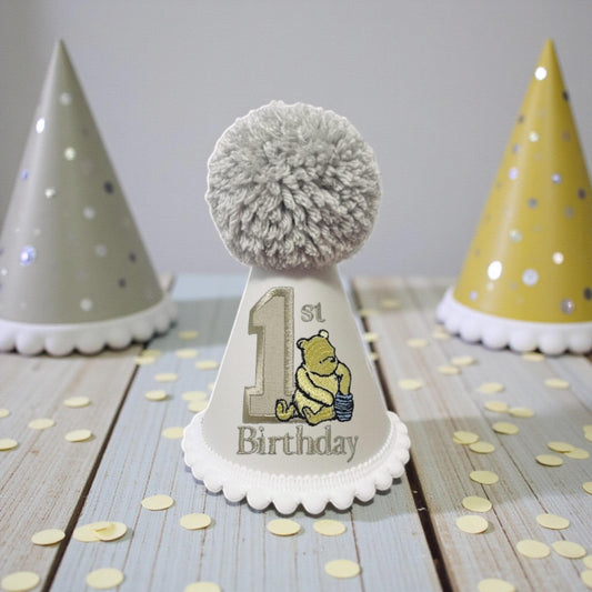 Classic Pooh Bear Birthday Hat – Cream Embroidered Keepsake