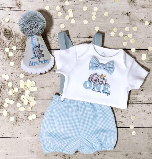 Personalised Dumbo Birthday Outfit | Blue Gingham Baby Boy Set | Embroidered Party Hat