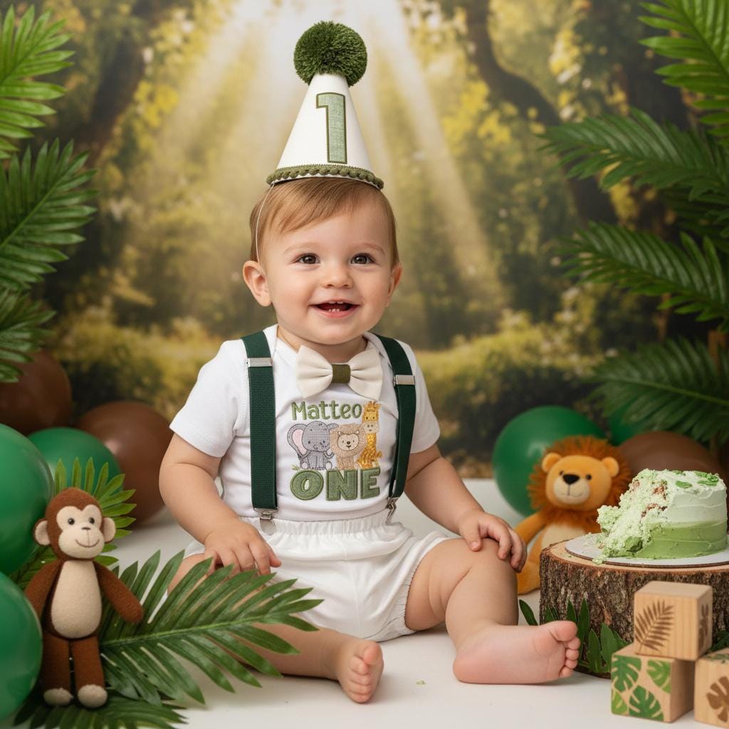 Personalised Safari Birthday Outfit – Neutral Bloomers Cake Smash Set