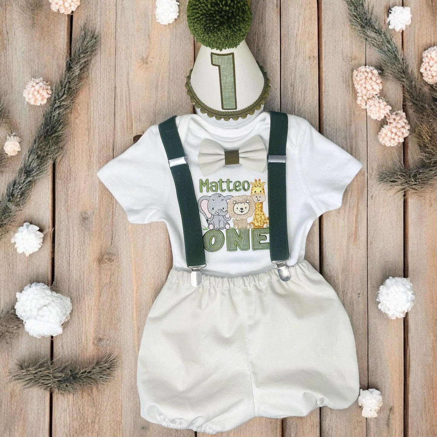 Personalised Safari Birthday Outfit – Neutral Bloomers Cake Smash Set