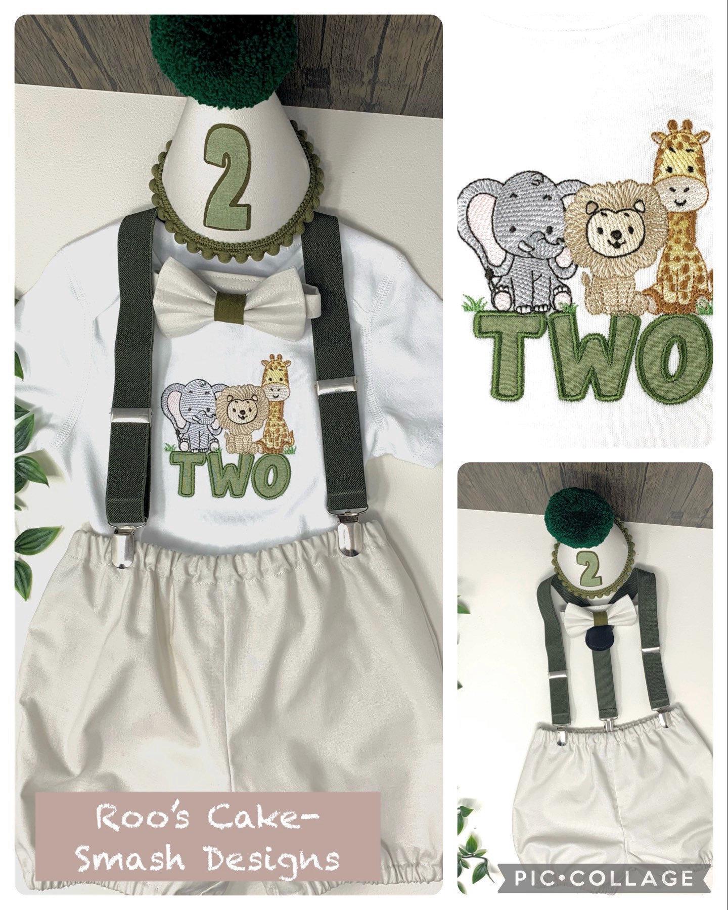 Personalised Safari Birthday Outfit – Neutral Bloomers Cake Smash Set