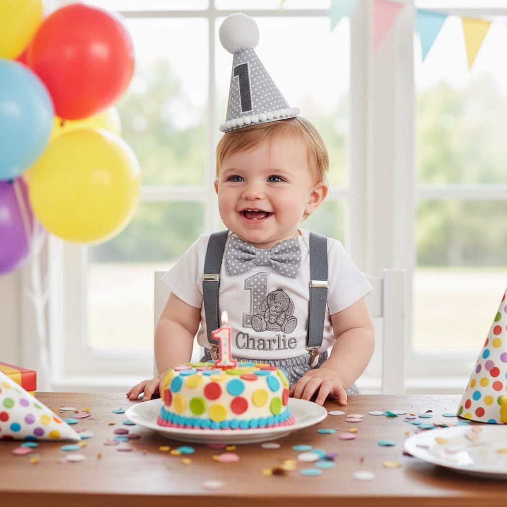 Grey Polka Dot Elephant Baby Boy 1st Birthday Cake Smash Outfit