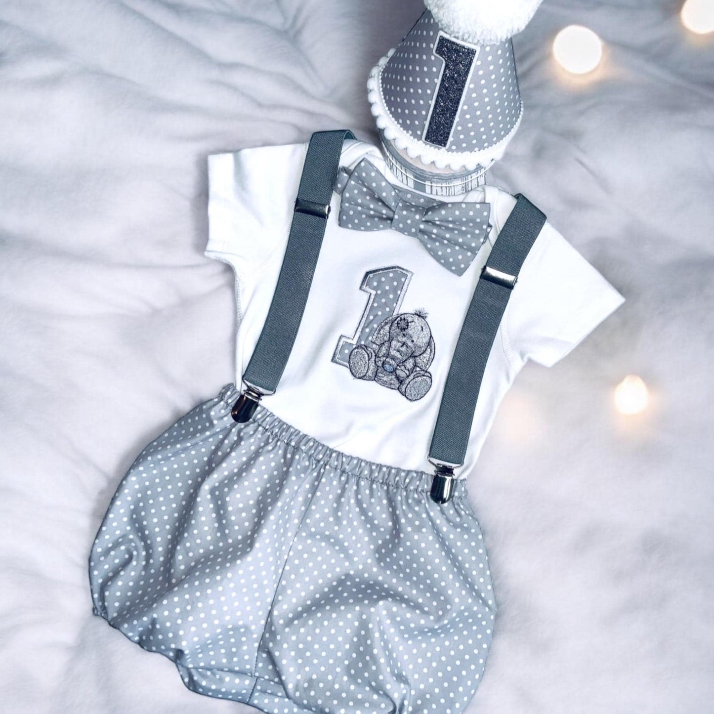Grey Polka Dot Elephant Baby Boy 1st Birthday Cake Smash Outfit