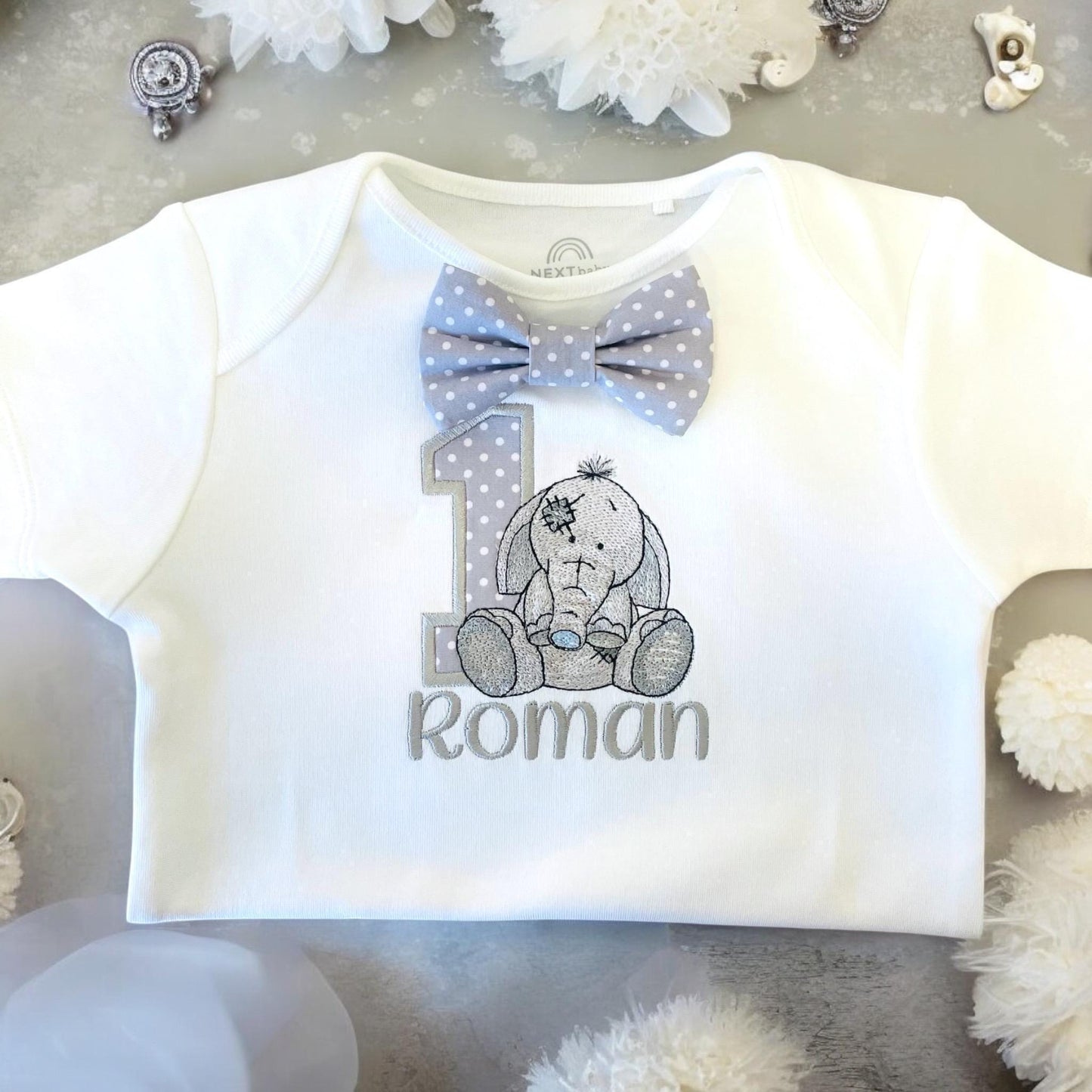 Grey Polka Dot Elephant Baby Boy 1st Birthday Cake Smash Outfit
