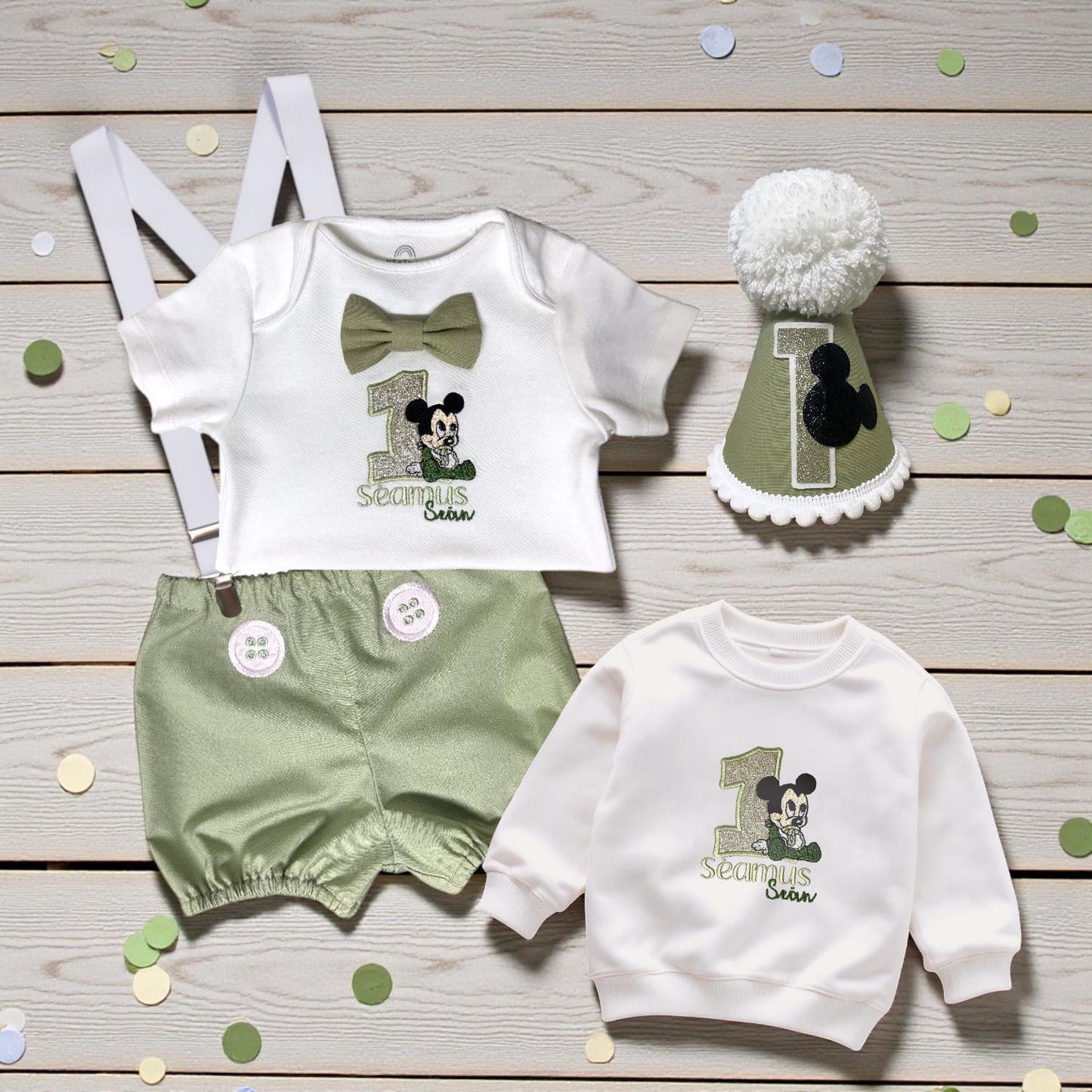 Cartoon Mouse Sage Green Birthday Outfit – Personalised Embroidered Baby Cake Smash Set