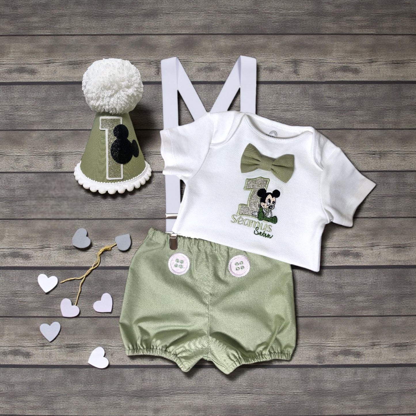 Cartoon Mouse Sage Green Birthday Outfit – Personalised Embroidered Baby Cake Smash Set