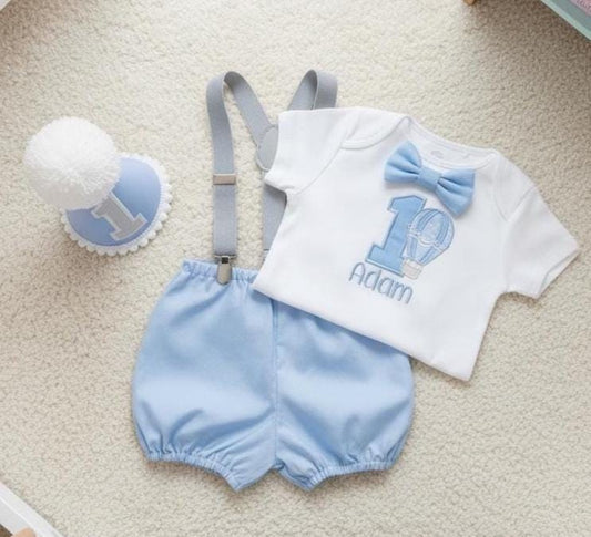 Personalised Air Balloon Romper Baby Boy Birthday Outfit Embroidered First Cake Smash Set